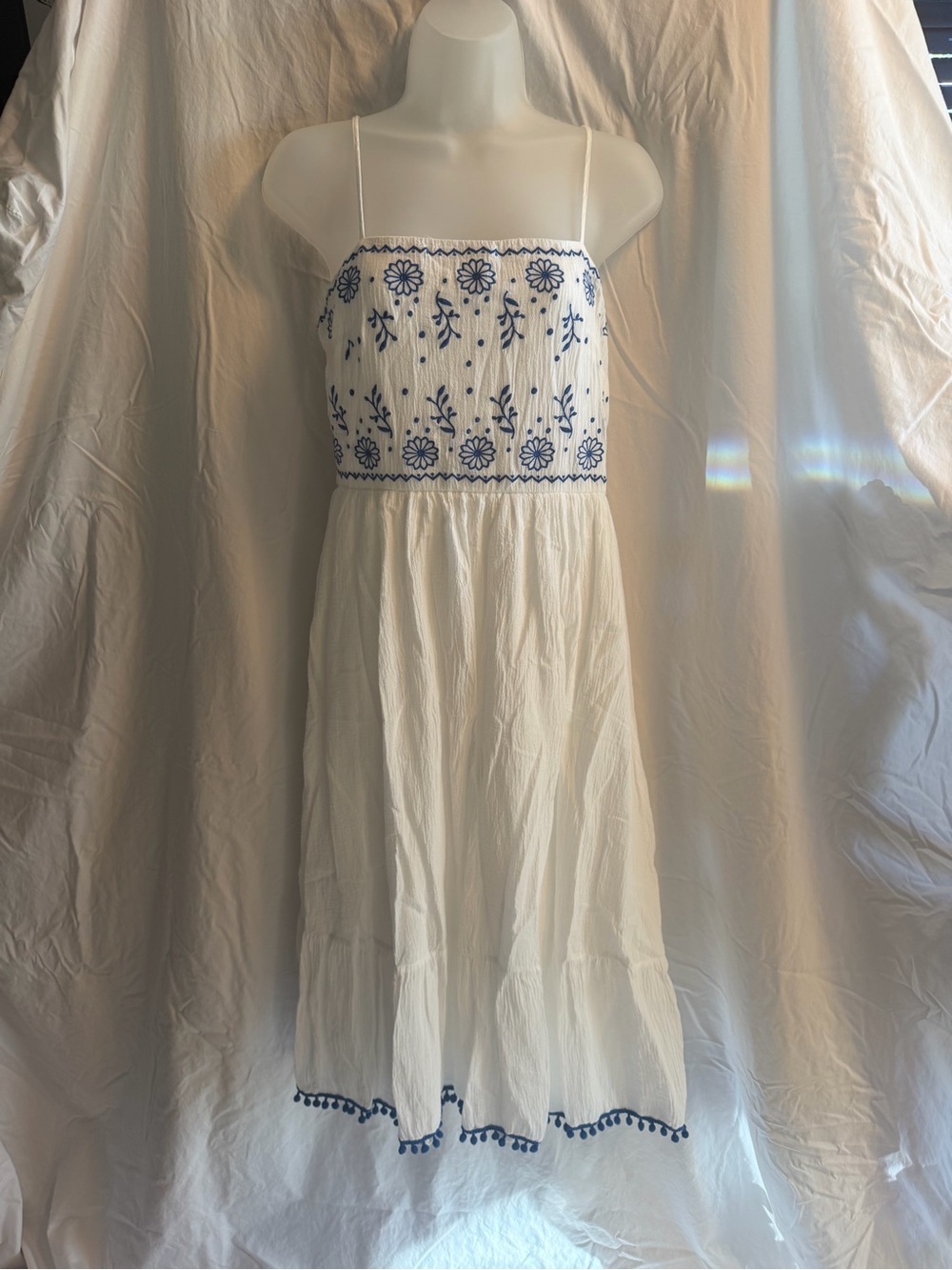 Lulus White & Blue Embroidered Midi Sundress - Medium
